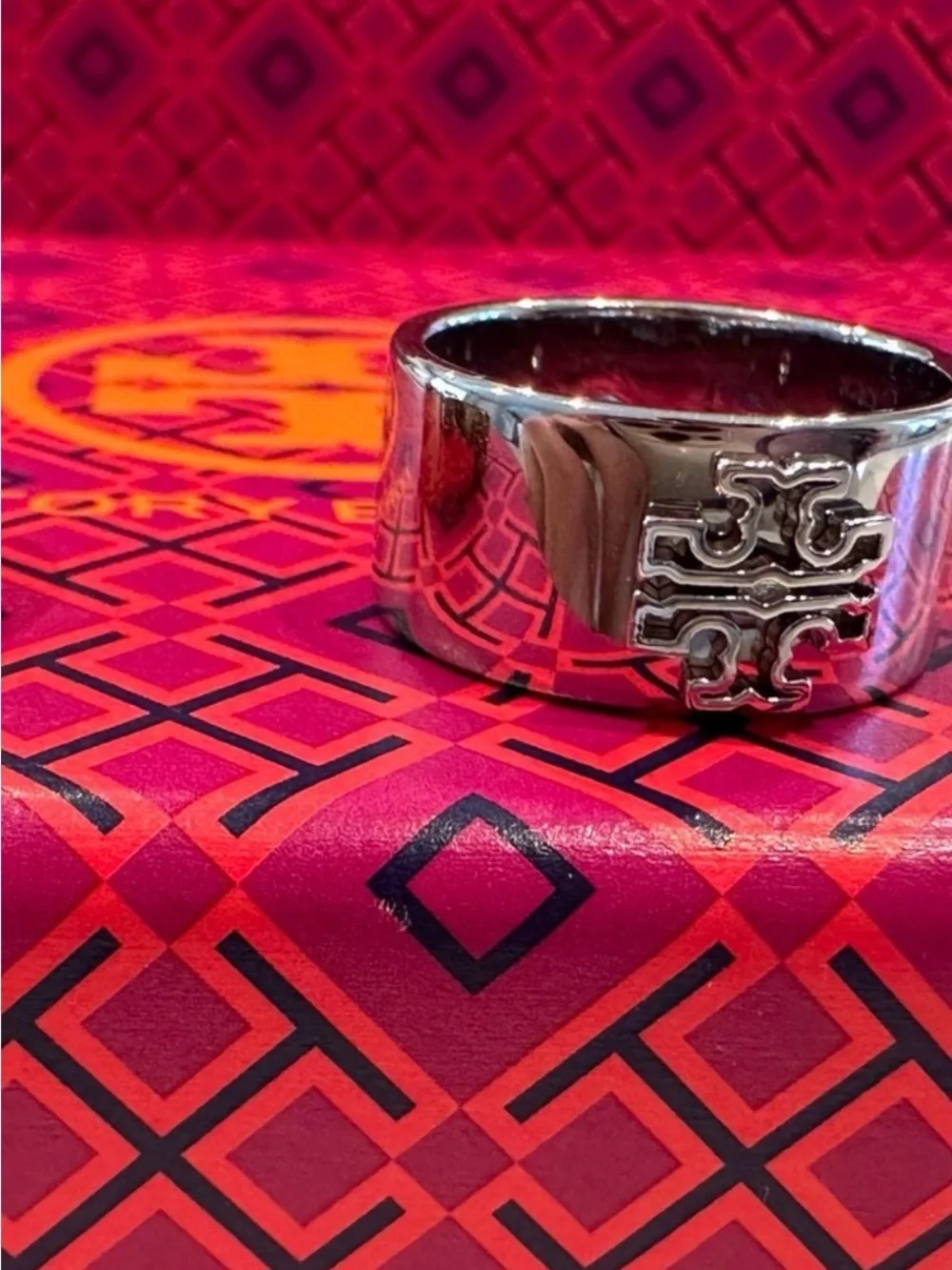 Tory Burch Silver Logo Band Ring